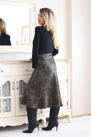 Ritnice Kadın Yeşil Leopar Midi Saten Etek
