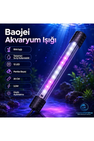 Akvaryum Işığı - Bitki Işığı - Balık Işığı - Tamamen Su İçinde Kullanılabilir - 12 Led - Pembe Beyaz - 20 Cm - Güçlü Aydınlatma - 3.5w
