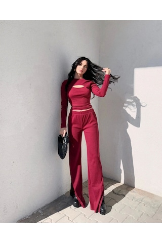 Pencereli Detaylı Alt Üst Takım Bordo W3864 Bordo