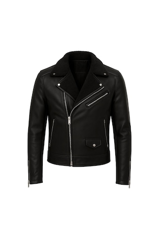 Erkek Napa Deri Çapraz Fermuarlı İçi Full Kürklü Yüksek Kalite Slim Fit Siyah Mont & Ceket Siyah