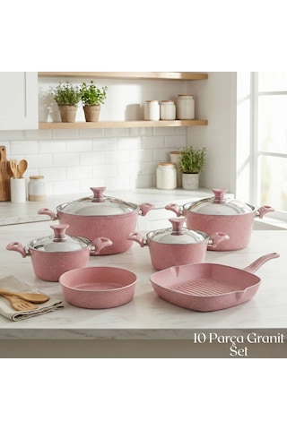 10 Parça Granit Set Çelik Kapak - Pembe Pembe