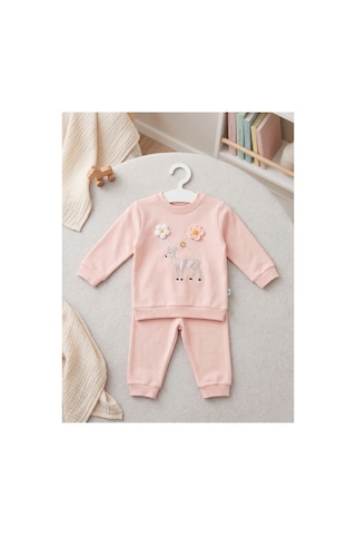 Deniva Kids Kız Bebek Pudra Pembe Geyik İşlemeli 3 Boyutlu Çiçek Detaylı Pamuklu 2'li Takım