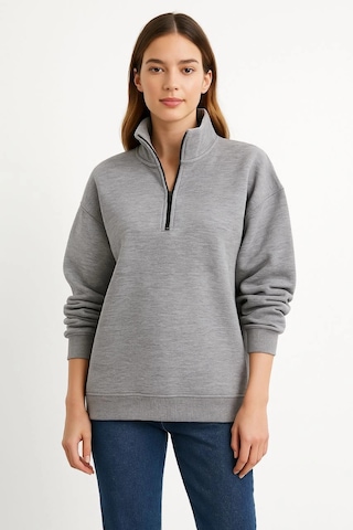 Primemagazam Kadın 3 İplik Pamuklu Dık Yaka Yarım Fermuarlı Sweatshirt - Gri Çeşitli