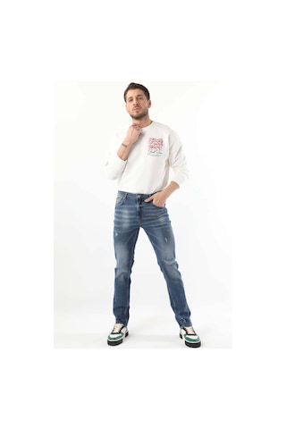 Erkek Dizi Yırtık Boyalı Jean Pantolon Mavi 001