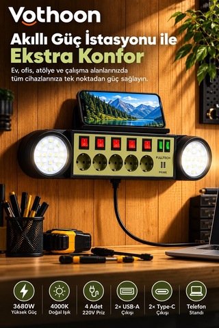Akıllı Masaüstü Duvar Tipi Akım Korumalı 5 Li Priz 3680w Led Işıklı Usb-a Type-c Telefon Standlı Diğer