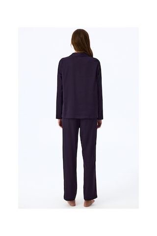 Penti Mor Midnight Saten Çizgili Uzun Kollu Gömlek Pantolon Pijama Takımı Pr81