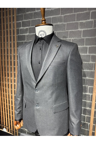 Dupont Classics Dupont Erkek Slim Fit 6 Drop Çizgili Viskon Mono Yaka Çift Düğme Çift Yırtmaç 2 Li Takım Elbise Gri