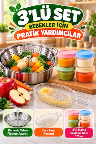 3'lü Bebek Ek Gıda Seti Buharda Sebze Pişirme Aparatı Cam Elma Rendesi 4'lü 175 Ml Mama Saklama Kabı