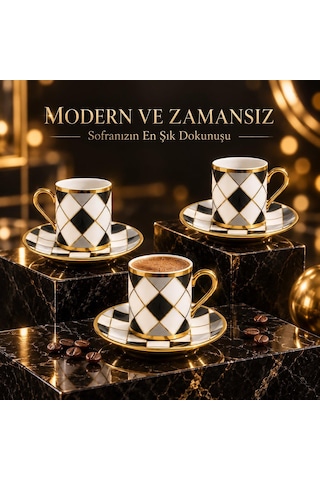 Valkyrie 6 Kişilik 12 Parça Türk Kahvesi Fincan Seti Gold Kulplu Siyah Beyaz Baklava Desen K654-c