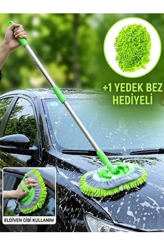 Mucit Home Araba Yıkama Fırçası Oto Yıkama Mop Mikrofiber Bezli Teleskopik Saplı 1 Yedek Bez Hediye