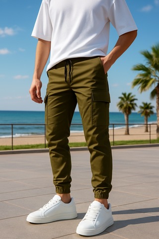 Kargo Cepli Paraşüt Kumaş Haki Renk Erkek Pantolon-1818 haki