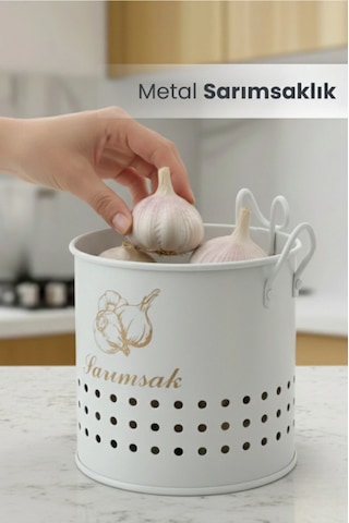 Metal Lüx Asılabilir Siyah Sarımsaklık Kovası Sarımsak Saklama Kabı Beyaz