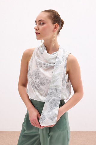 Sateen Fularlı Desenli Bluz - Haki-136079 Haki