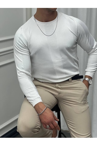 Modefendi Pamuk Yapılı Desenli Slimfit Triko Beyaz