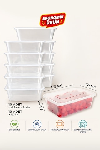 10 Adet 650ml Ekonomik Buzluk & Mikrodalga Sızdırmaz Saklama Kabı Seti Buzluk Organizer Şeffaf