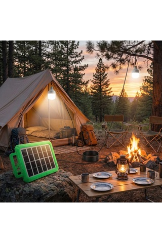 2 Ampullü Solar Panelli Powerbank Özellikli Kamp Işığı Seti Güneş Enerjili Led Kamp Aydınlatma Sistemi, Ta