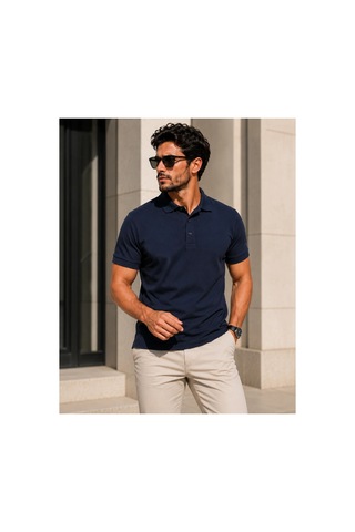 Luxıc Core Erkek Polo Yaka Lacivert Tişört Likralı Pike Kumaş Terletmez Slim Fit Günlük Şık Tasarım