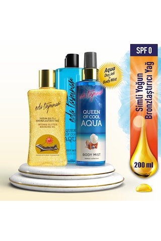 Eda Taşpınar Yoğun Işıltılı Bronzlaştırıcı Yağ SPF0 (200ml) - Aqua Body Mist 200ml & Aqua Duş Jeli 400ml