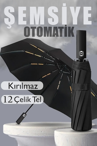 Fithome Fiber 12 Tel Tam Otomatik Aç Kapa Unisex Rüzgara Dayanıklı Kırılmaz Şemsiye Siyah