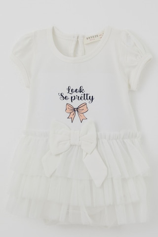 Breeze Kız Bebek Kısa Kollu Çıtçıtlı Zıbın Elbise Tütü Etekli Fiyonk Detaylı 6 Ay - 2 Yaş , Ekru