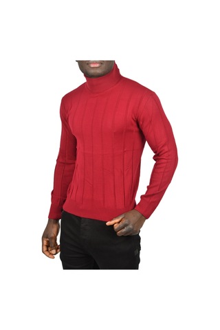 Deepsea Erkek Bordo Slim Fit Likralı Tam Balıkçı Yaka Çizgili Boğazlı Kazak 2505504 Bordo