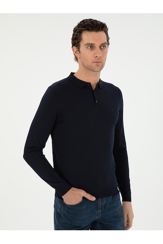 Cacharel Lacivert Slim Fit Yün Karışımlı Polo Yaka Basic Triko Kazak