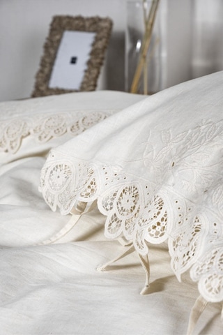 Ecocotton Amanda Çift Kişilik Nevresim Takımı %100 Organik Pamuk Keten Dantelli Krem 200x220 Cm-1473 Krem