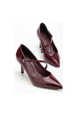 Büyük Beden Kadın Stiletto İnce Topuklu Ayakkabı Bordo Rugan Baretli-4294 Bordo
