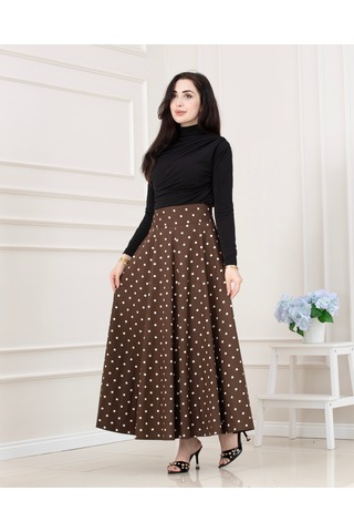 Sevitli Puantiyeli Maxi Etek-kahverengi-5718