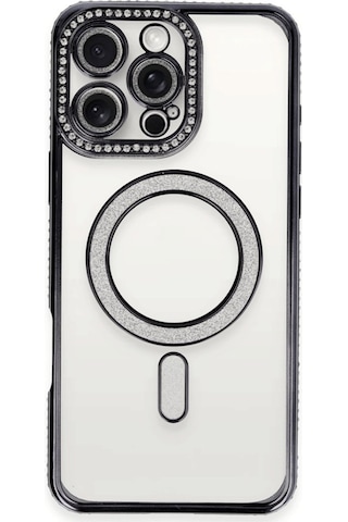 Apple Uyumlu iPhone 16 Pro Kılıf Joke Seri Magsafe Özellikli Taşlı Simli Silikon Kapak Siyah