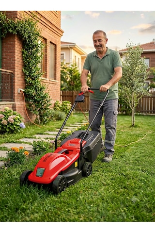 Steiner 1200w Elektrikli Bakır Sargılı Tekerlekli Çim Biçme Makinesi Kırmızı 30 Litre Toplama Torbalı