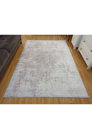 Eskitme Dokulu Gri Ve Pudra Soyut Modern Halı - 12633ou Gri - Pudra