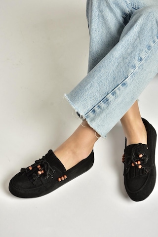Fox Shoes Y602426202 Siyah Süet Boncuk Detaylı Günlük Kadın Ayakkabı Siyah