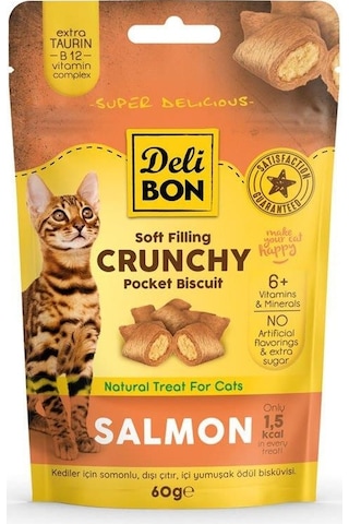 Delibon Crunchy İçi Dolgulu Bisküvi Somonlu Kedi Ödülü 60 G