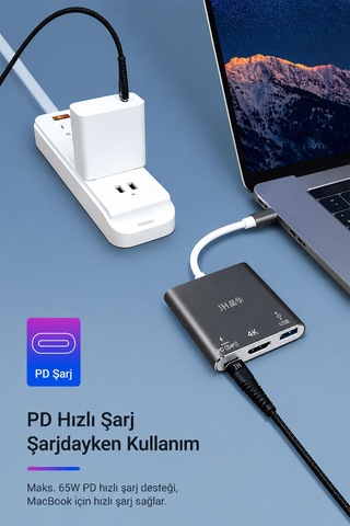 Type-c Hdmı Usb 3.0 Pd Hub Adaptör, 3ü 1 Arada Çoklayıcı, 4k Görüntü Aktarımı, 65w Pd Hızlı Şarj, Macbook Laptop Telefon Uyumlu, Alüminyum Gövde Z330