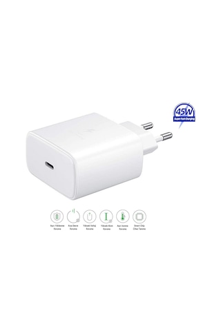 Samsung Galaxy S25 Fe Uyumlu 45w Type-c Girişli Super Hızlı Şarj Cihazı Adaptör - Garantili Beyaz