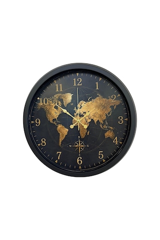 Altın Atlas Dünya Haritalı 40 X 40 Cm Siyah Metal Duvar Saati