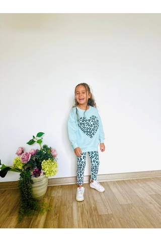 Kız Çocuk Çiçek - Leopar Detaylı 3 İplik Alt Üst Takım Sweatshirt + Tayt Mint