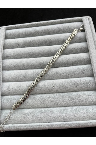 Silver Yassı Tırtıl Birbirine Geçmeli Model Erkek Künye Bileklik Gümüş