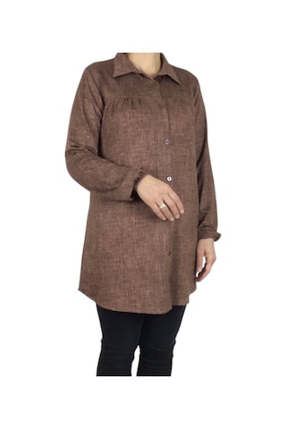 Mevsimlik Kolları Lastikli Boydan Düğmeli Gömlek Bej