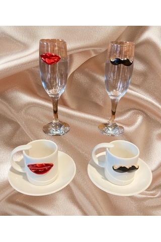 Dudak Bıyık Kahve Fincanı Ve Su Kadehi Seti
