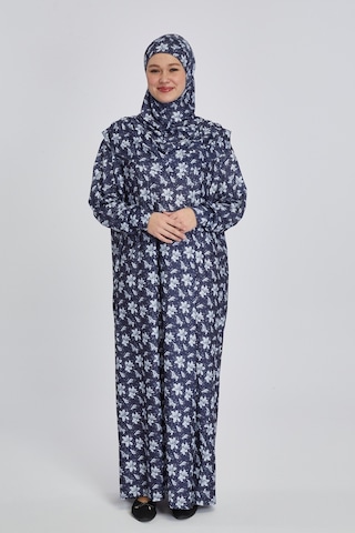 Pratik Tek Parça Manolya Desenli Namaz Elbisesi Lacivert