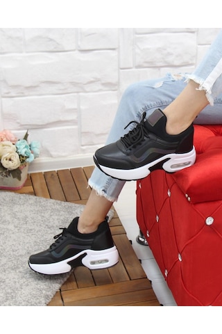 Nesil Shoes Flet 121 Siyah Air Taban Kadın Sneakers Beyaz - Siyah