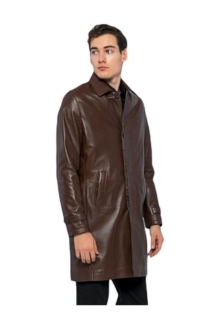 Basics&more Erkek Hakiki Deri Uzun Ceket - French 001