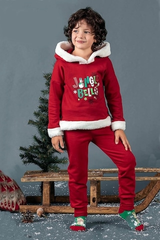 Unisex Çocuk Yılbaşı Christmas Noel Temalı Jingle Bells Model Kapüşonlu 3 İp Şardonlu 2 Parça Alt Üst Takım Kırmızı