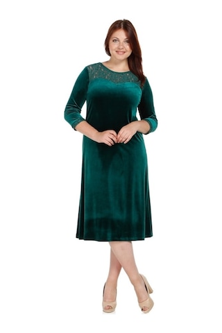 Nidya Moda Büyük Beden Dantel Kombinli Elbise-4078Ky Yeşil