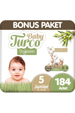 Baby Turco Doğadan Bonus Paket Bebek Bezi 5 Beden 92x2 184 Adet 5 Numara