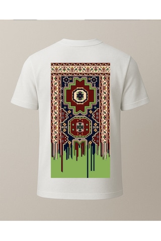 Etnik Yeşil Detaylı Halı Baskılı T-shirt Beyaz