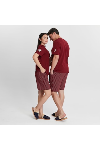 Bella Dossi Romantik Ve Rahat Sevgili Pijama Kombinleri Çift Pijama Şortlu Takım Moon & Star Baskılı Bordo