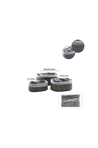İbico İ22-330 Organizer Sepet 12x21-16x25-20x30cm 3 Boy Oval Bezli Bambu Kenar Ahşap Altlık Gri